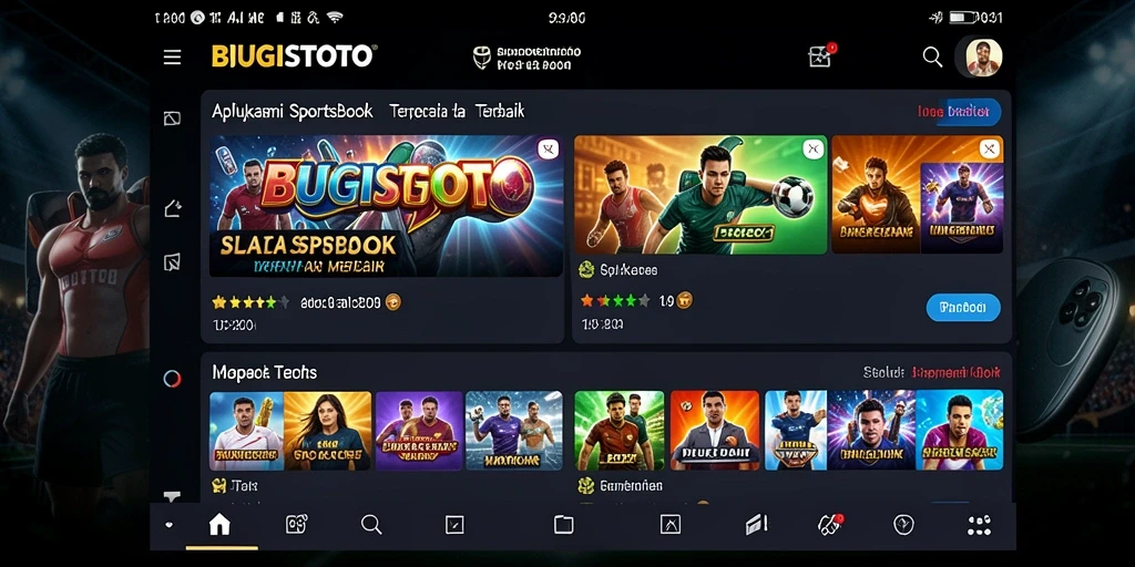 Tampilan screenshot utama BUGISTOTO menampilkan antarmuka aplikasi Sportsbook yang menarik.