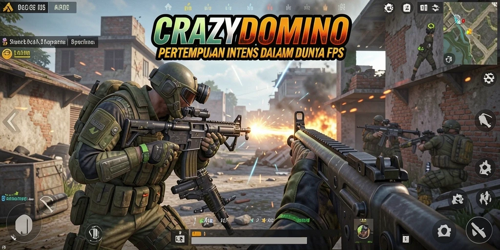 Tampilan memukau dari gameplay intens CRAZYDOMINO di arena FPS.