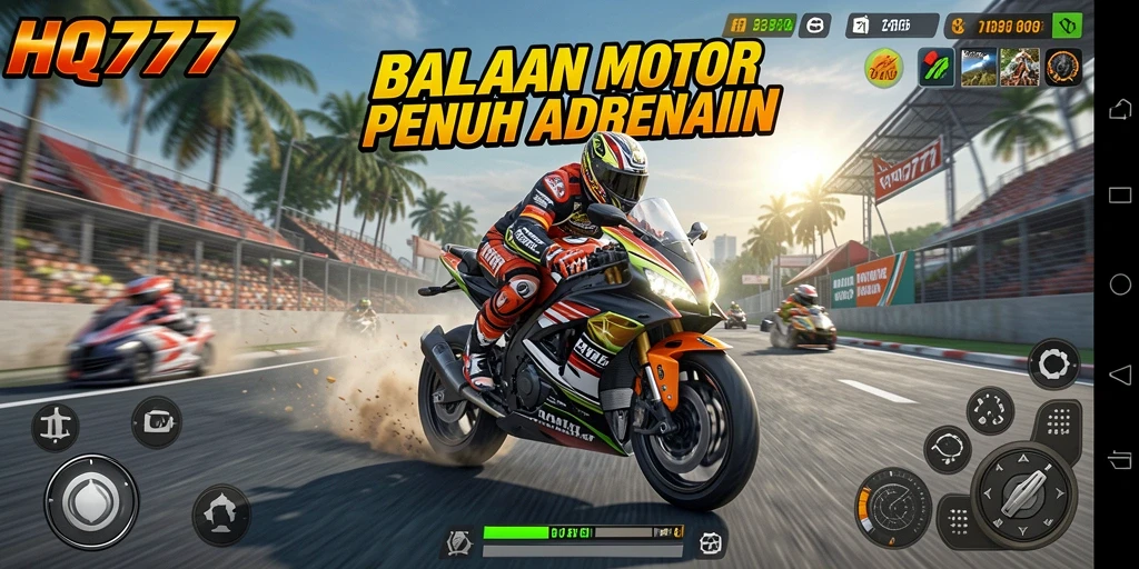 Gameplay seru HQ777 menampilkan balapan motor yang mendebarkan.