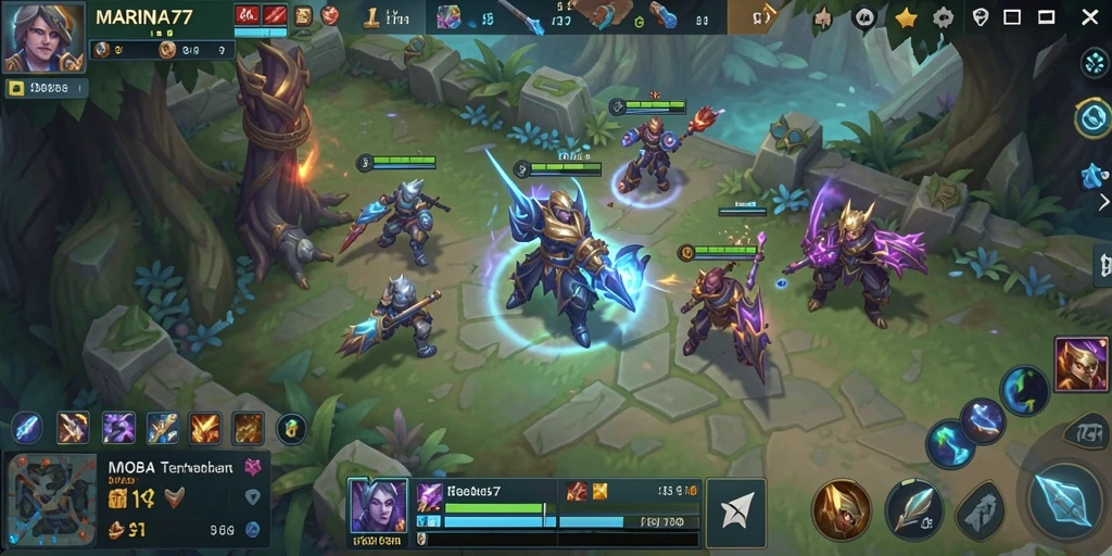 Tampilan gameplay seru dalam pertarungan antara karakter MOBA.